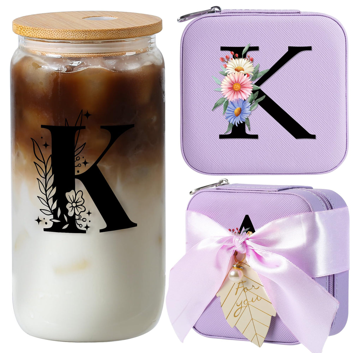 AYGXU caja joyas inicial K morado con motivos florales para organizar collares