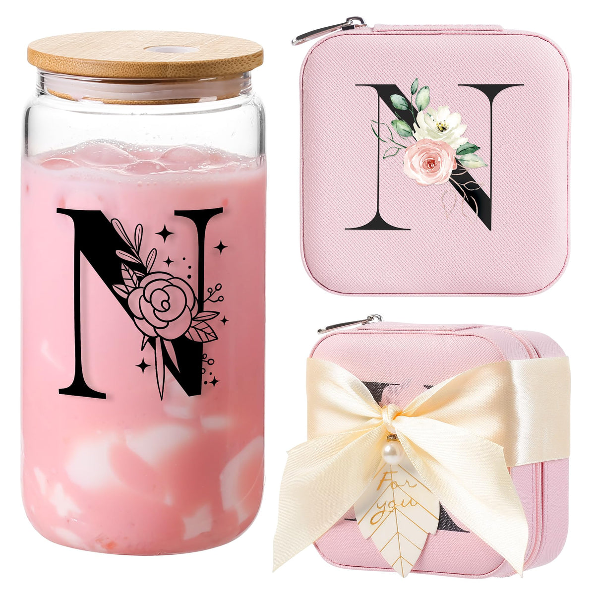 AYGXU vaso de vidrio con inicial rosa, perfecto para bebidas y regalos personalizados.