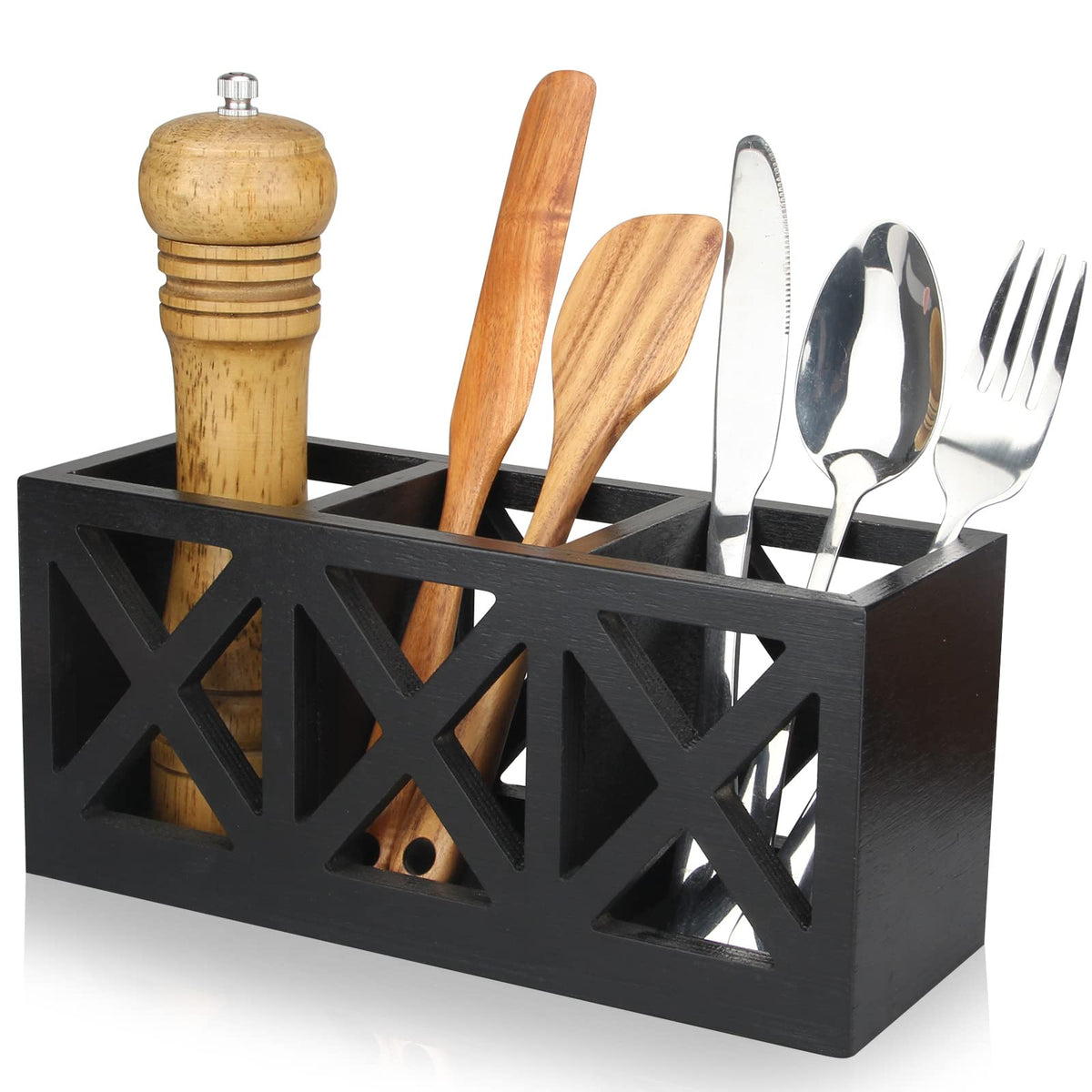 Ayiaren bandeja de cubiertos de madera grande para ordenar tenedores y cuchillos.