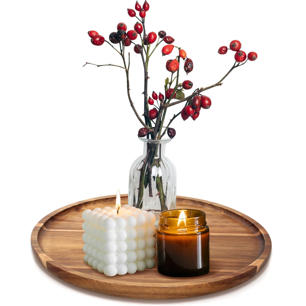 Bandeja redonda de Acacia de Ayiaren para centro de mesa elegante.