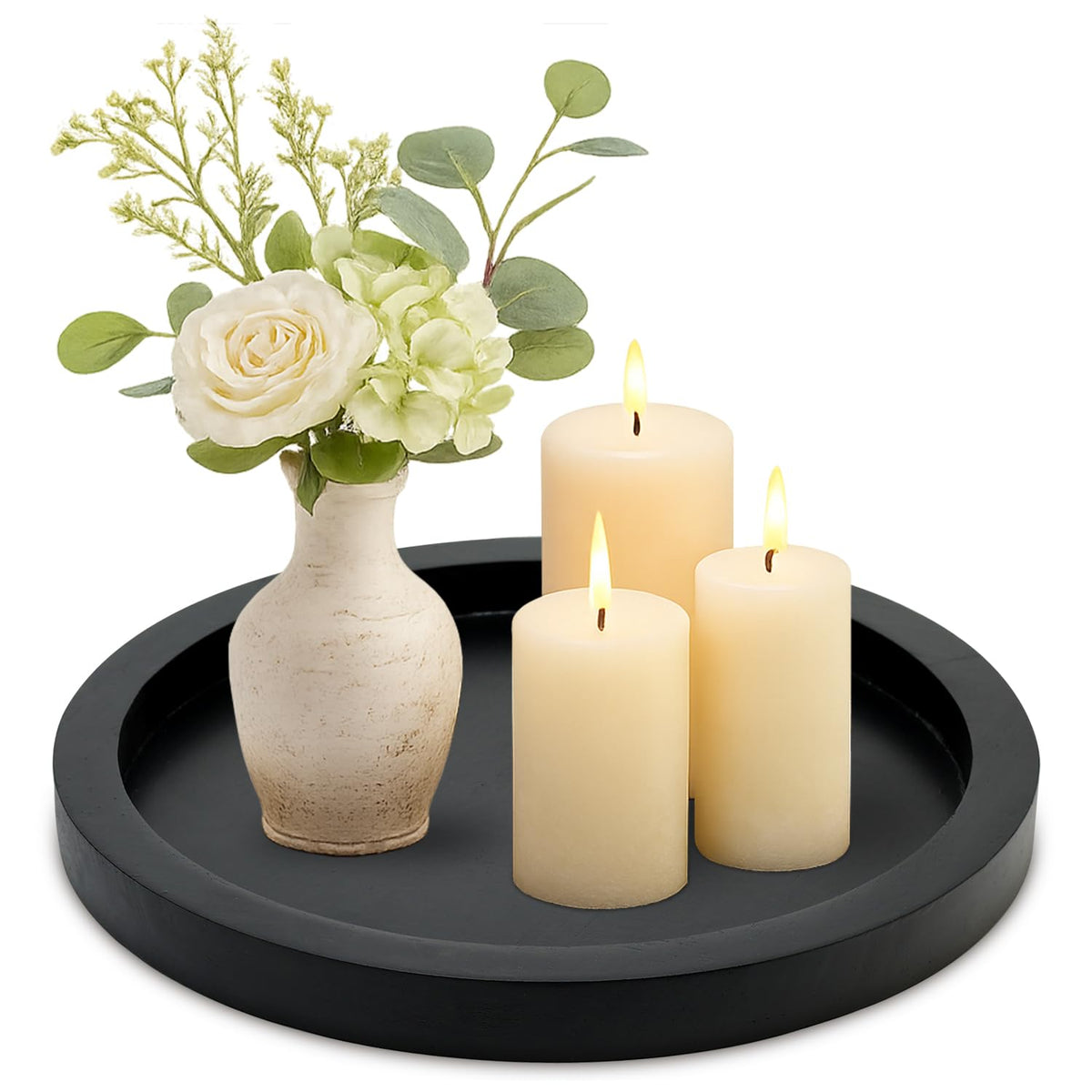 Bandeja Ayiaren, bandeja redonda decorativa de madera negra, ideal para centro con velas.