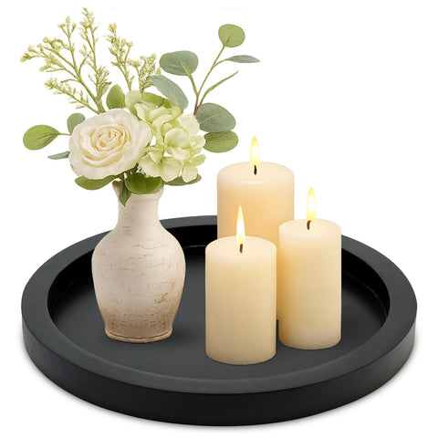 Bandeja Ayiaren, bandeja redonda decorativa de madera negra, ideal para centro con velas.