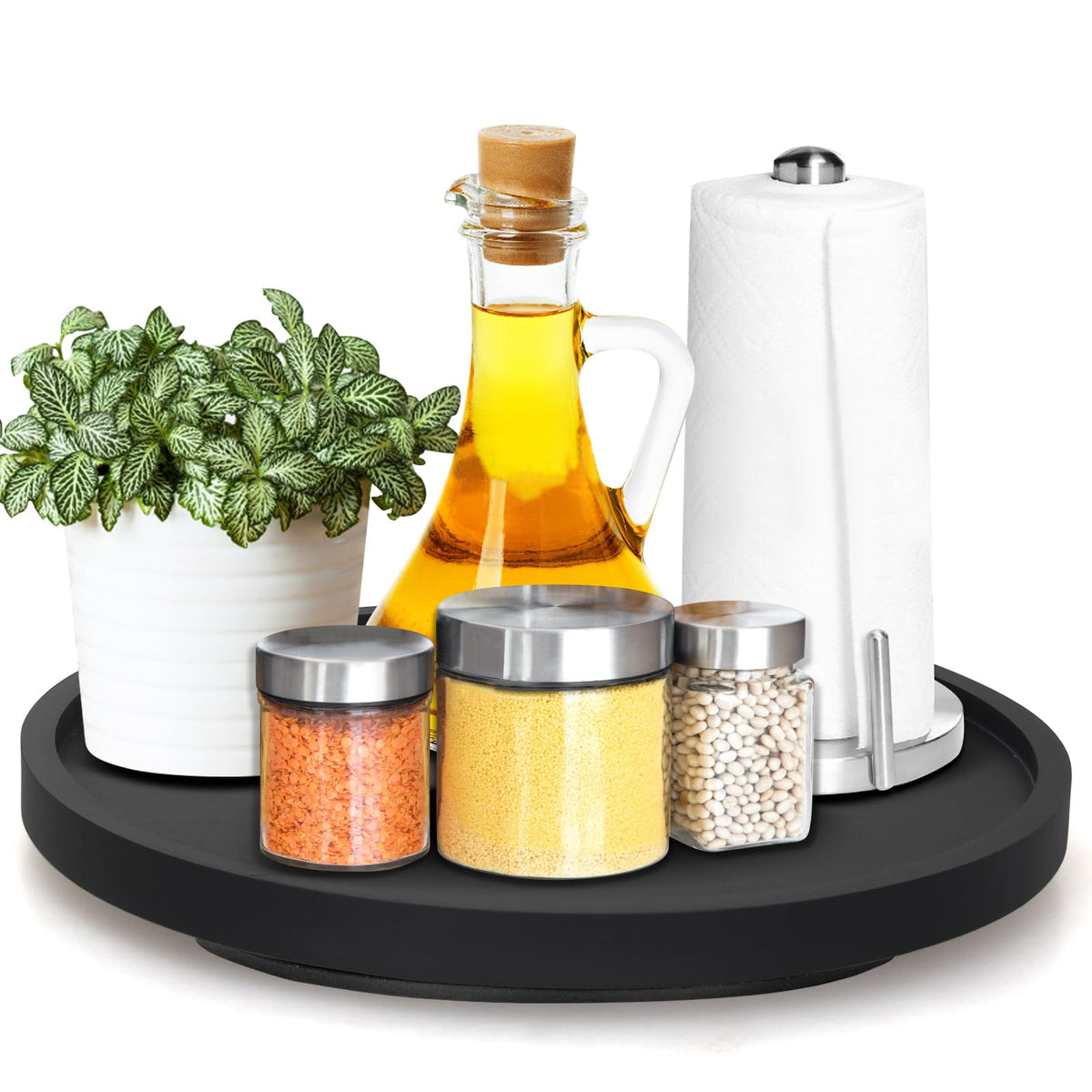 Ayiaren Lazy Susan negro de madera, placa giratoria para especias y condimentos.