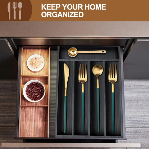 Ayiaren organizador-cubiertos-cajon-madera-negro, diseño compacto y fácil limpieza.