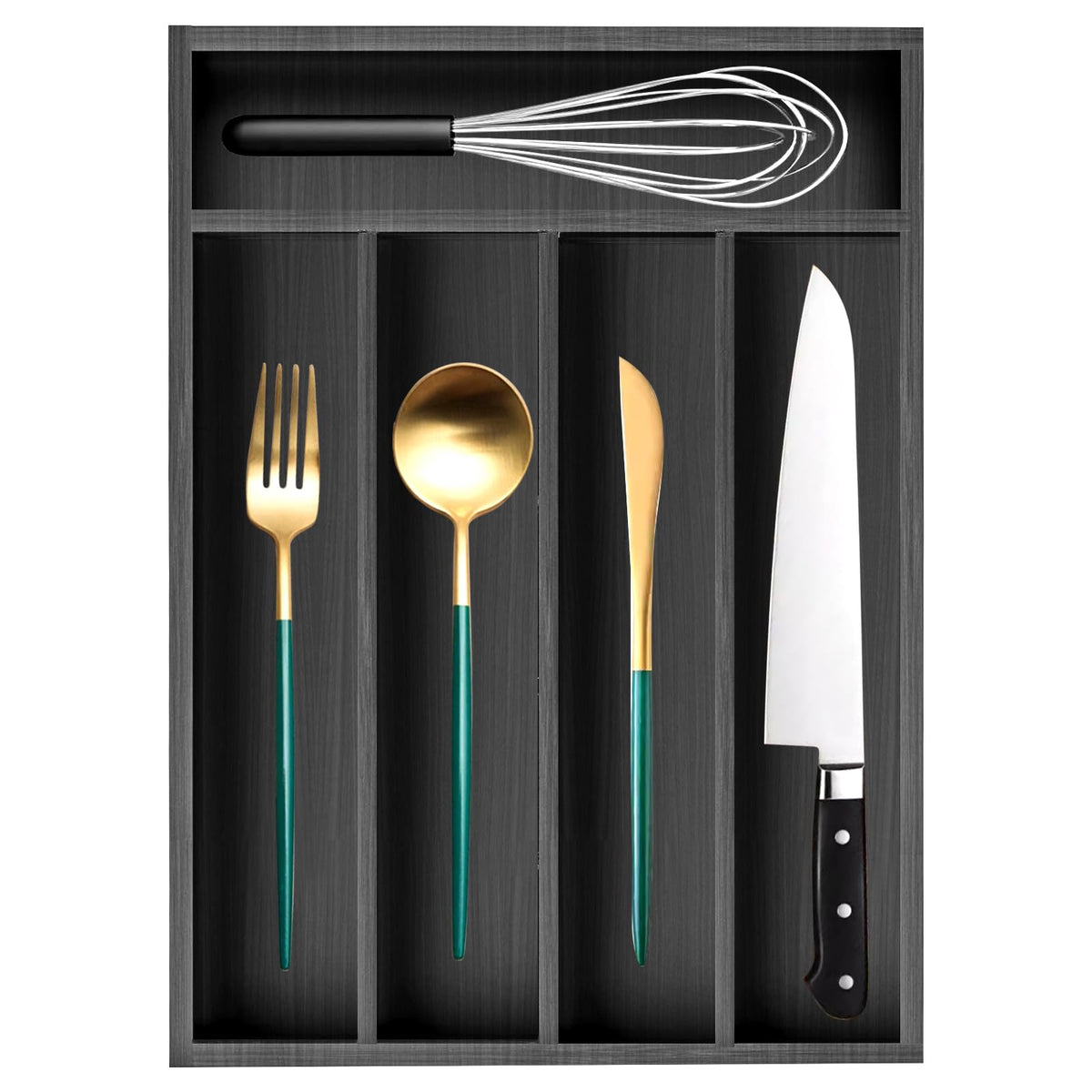 Ayiaren organizador-cubiertos-pequeno-madera-negro para cajones, orden y ahorro de espacio.