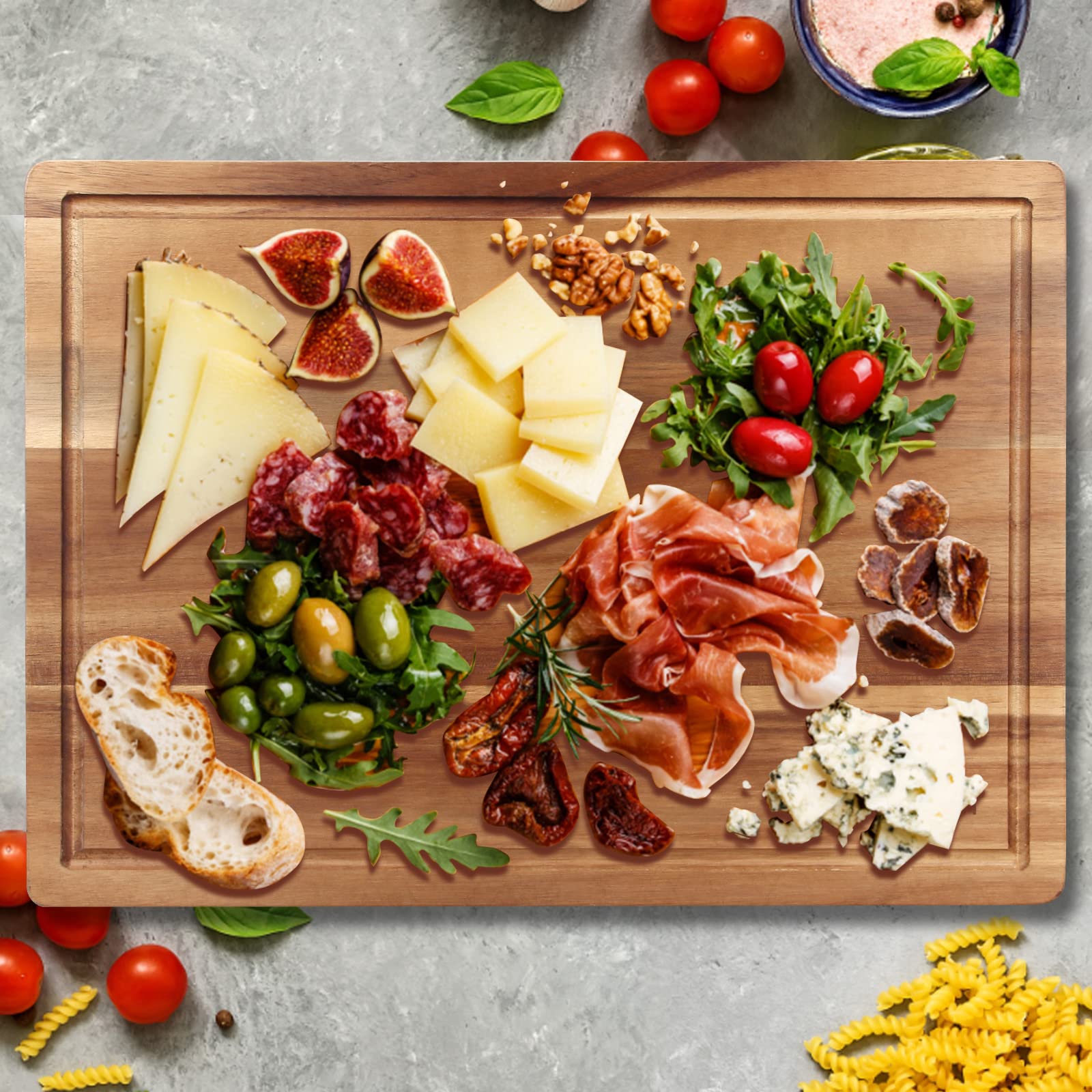 Ayiaren tabla de corte dos caras, lista para servir charcutería y queso