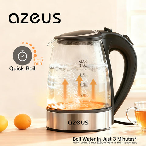 AZEUS Hervidor con cuerpo de vidrio borosilicato para agua pura sin olores