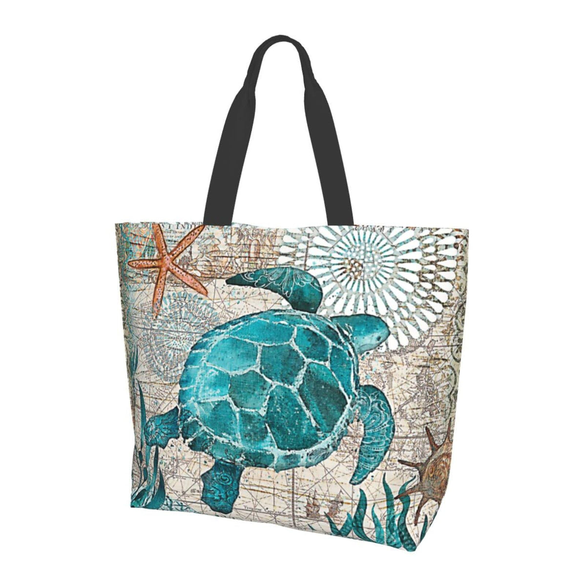 AZJOYLIFE bolsa tote tortuga marina frente, ideal para playa y uso diario.