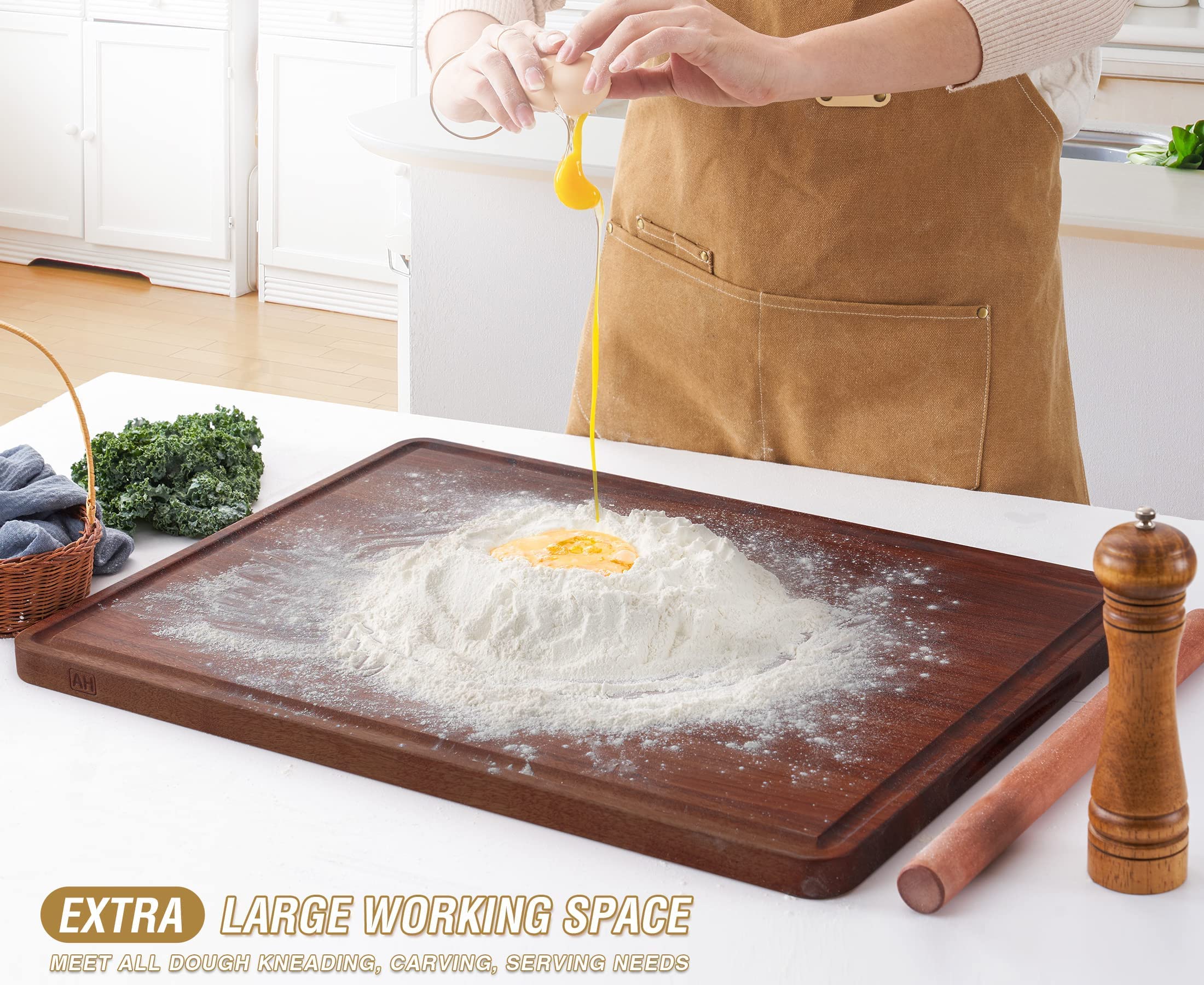 AZRHOM Tabla de cortar nogal 24x18, madera amable con cuchillos