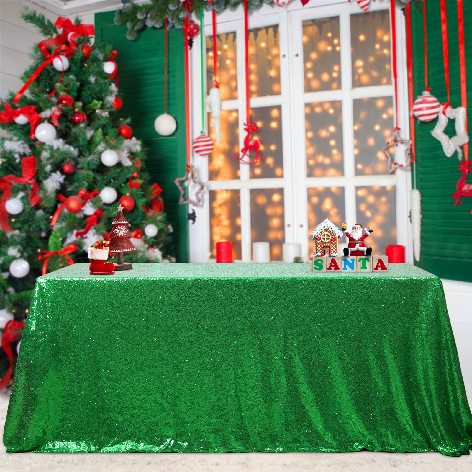 Mantel verde con lentejuelas B-COOL para mesas temáticas y Navidad.