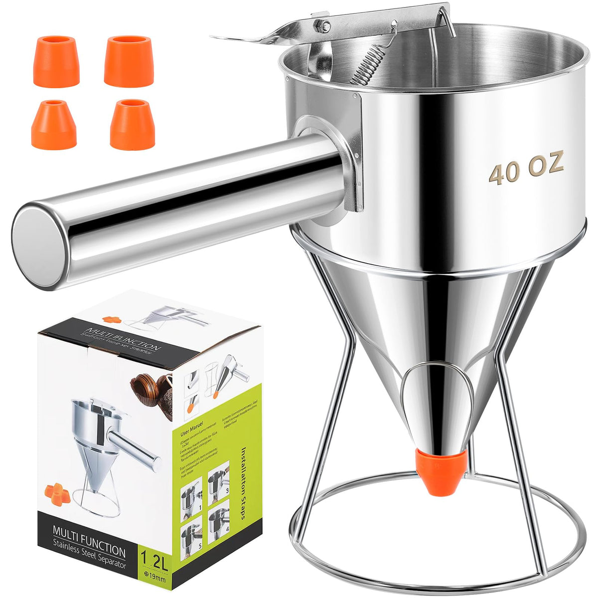 Dispensador Babcarriery de masa 40 onzas con base, ideal para panqueques uniformes.