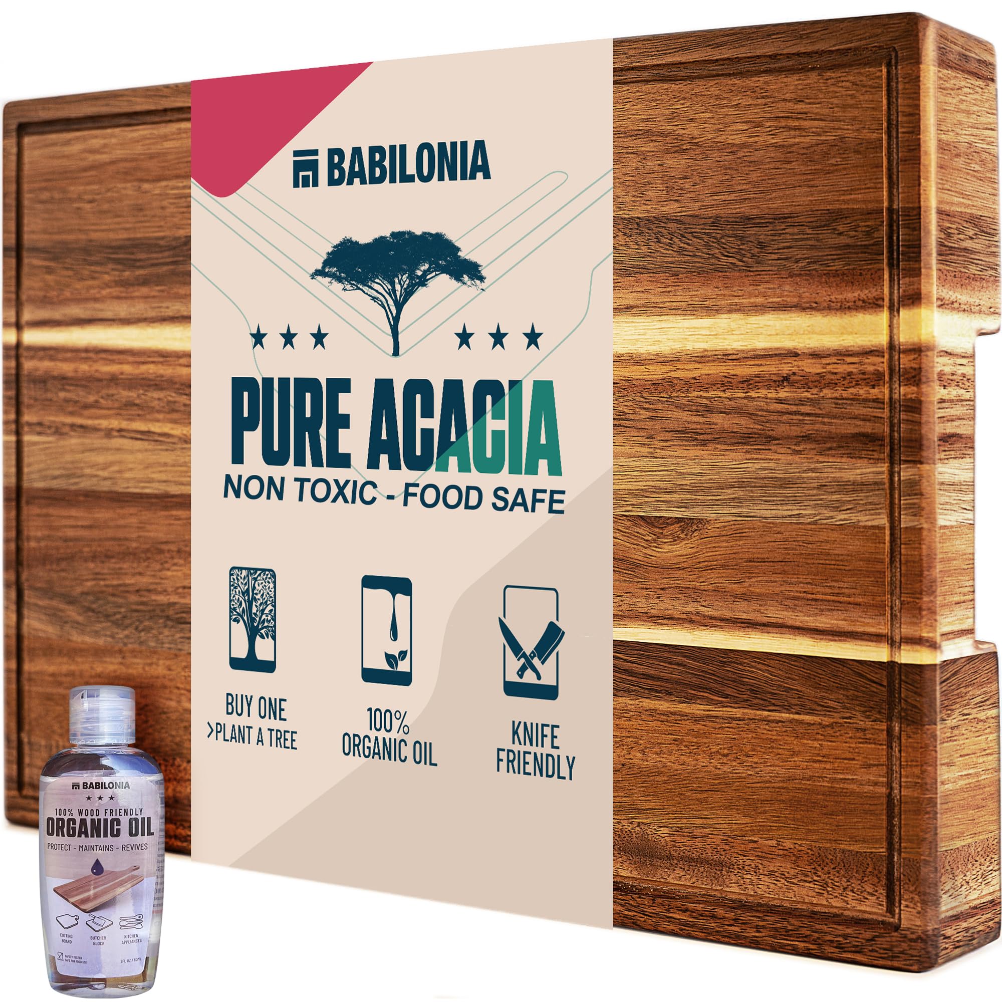 Tabla Babilonia de acacia 24x15, vista frontal, ideal para cortar y servir.