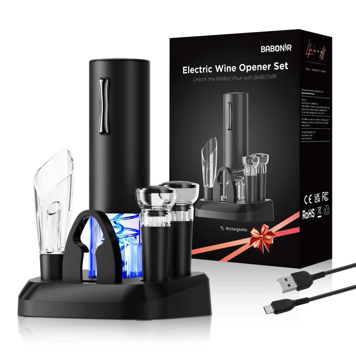 BABONIR abre-botellas eléctrico, apertura rápida con base de carga.
