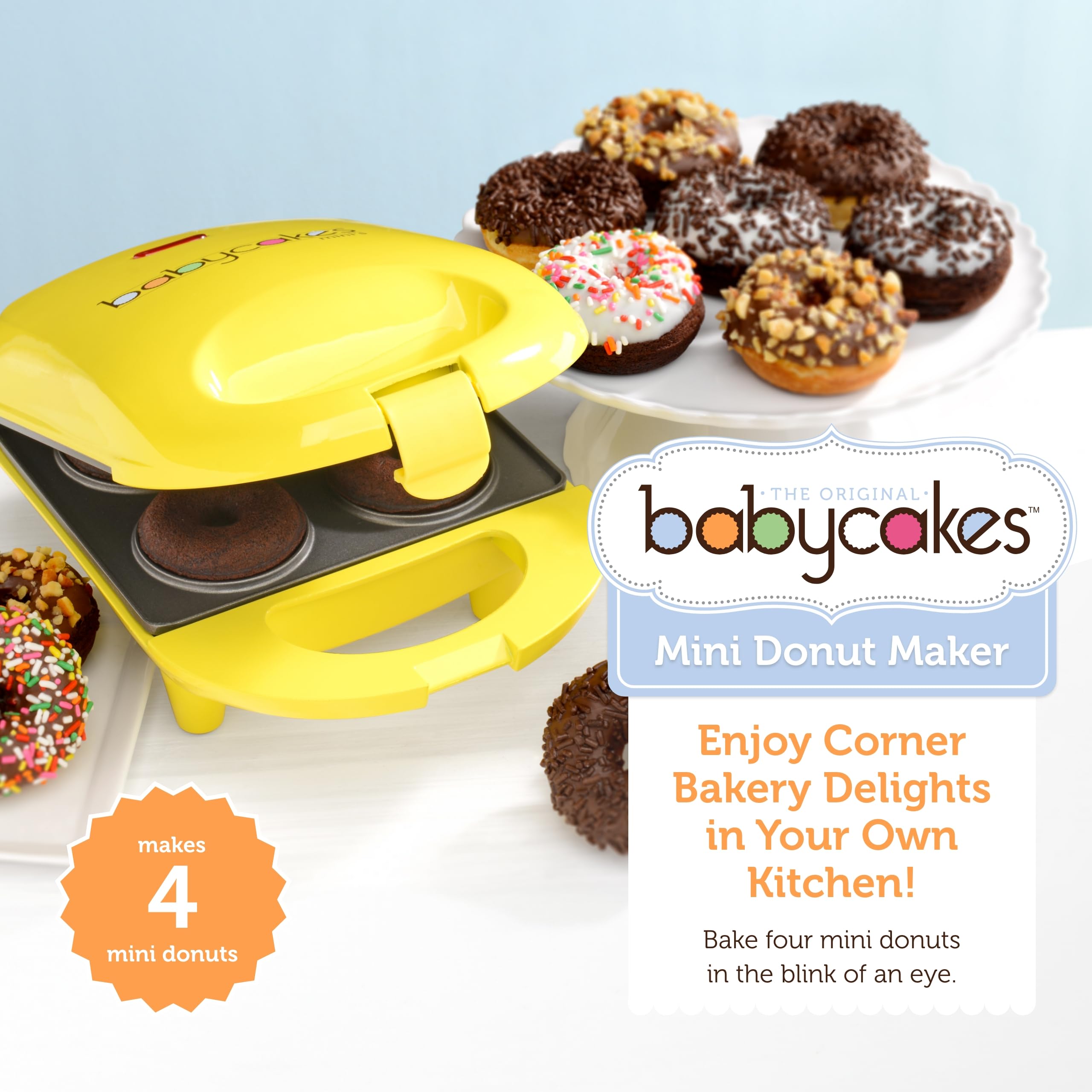 Babycakes Hacedor de Donas Mini, panel de controles, ajuste sencillo para sabores.