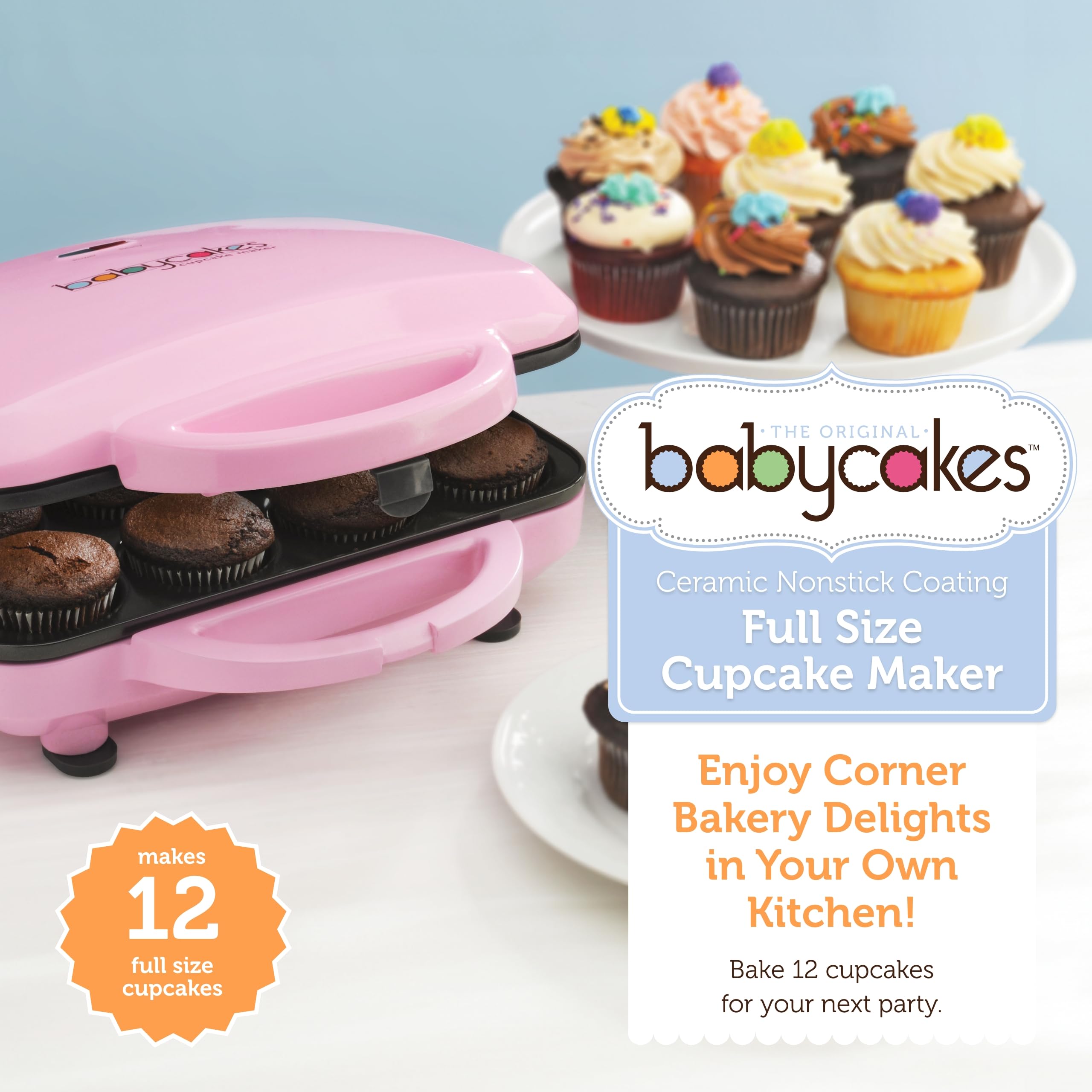 Babycakes, máquina para magdalenas de 12, tapa cerrada, cocina ordenada.