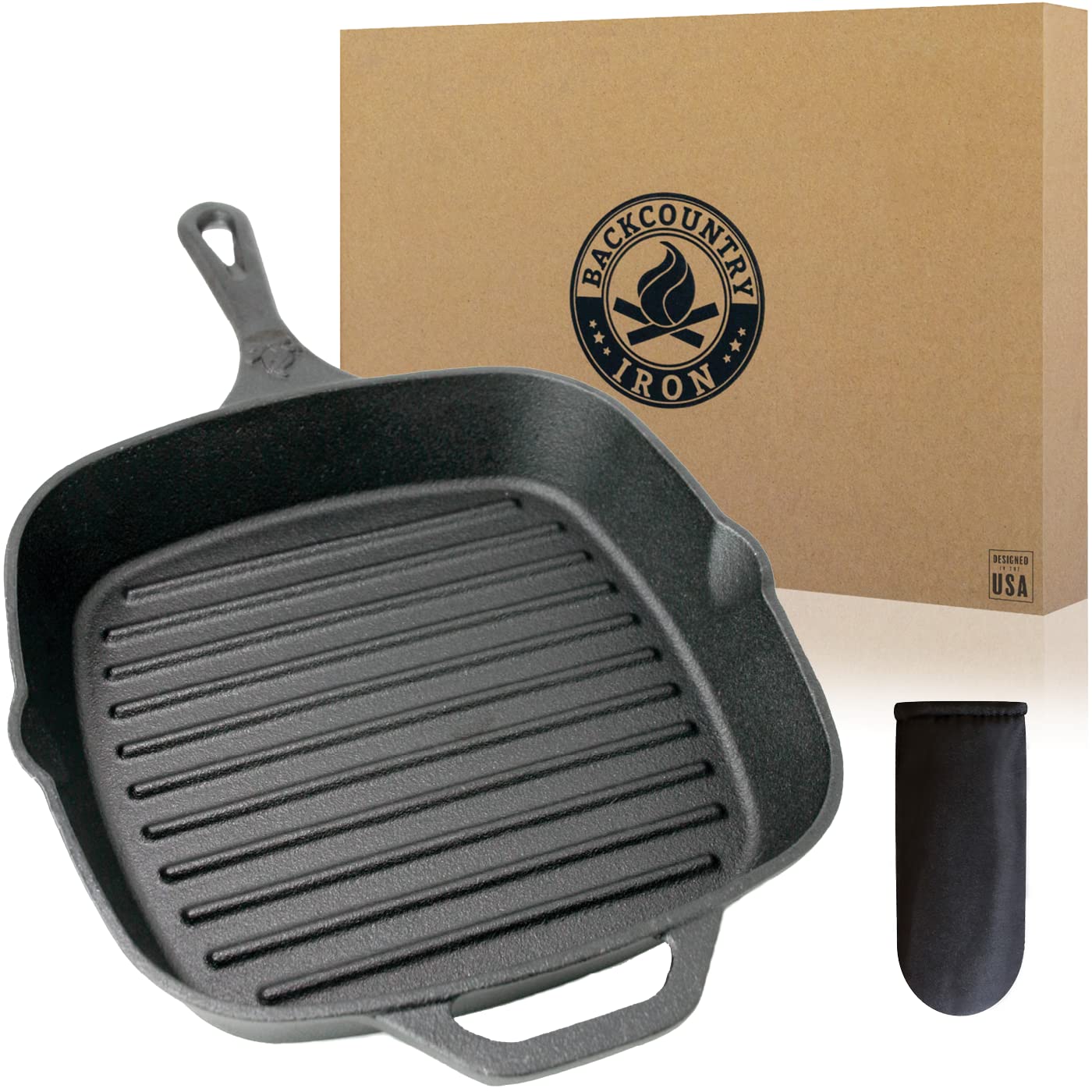 Backcountry Iron sartén cuadrada de 10,5 pulgadas frente, listo para sellar carnes con calor constante