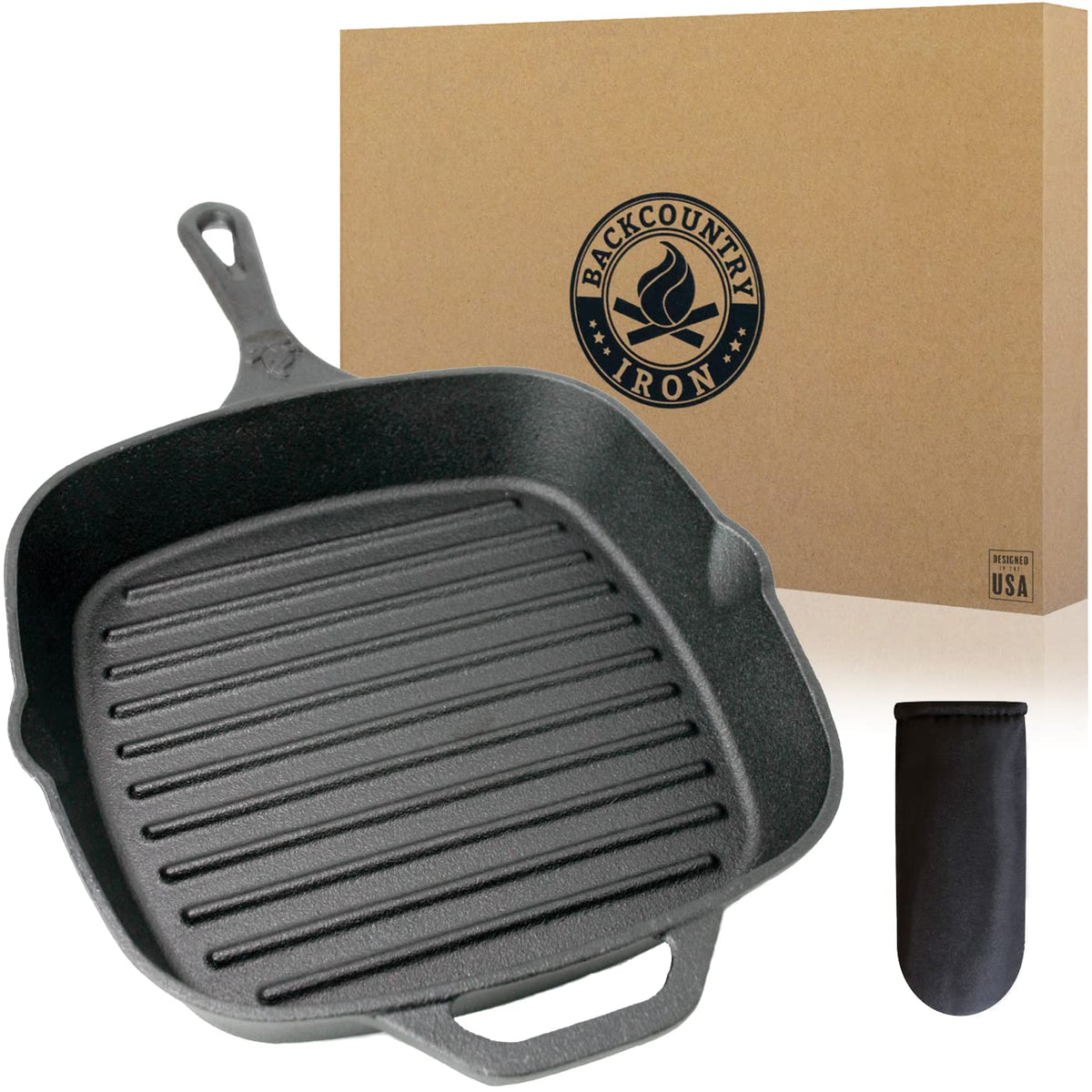Backcountry Iron sartén cuadrada de 10,5 pulgadas frente, listo para sellar carnes con calor constante