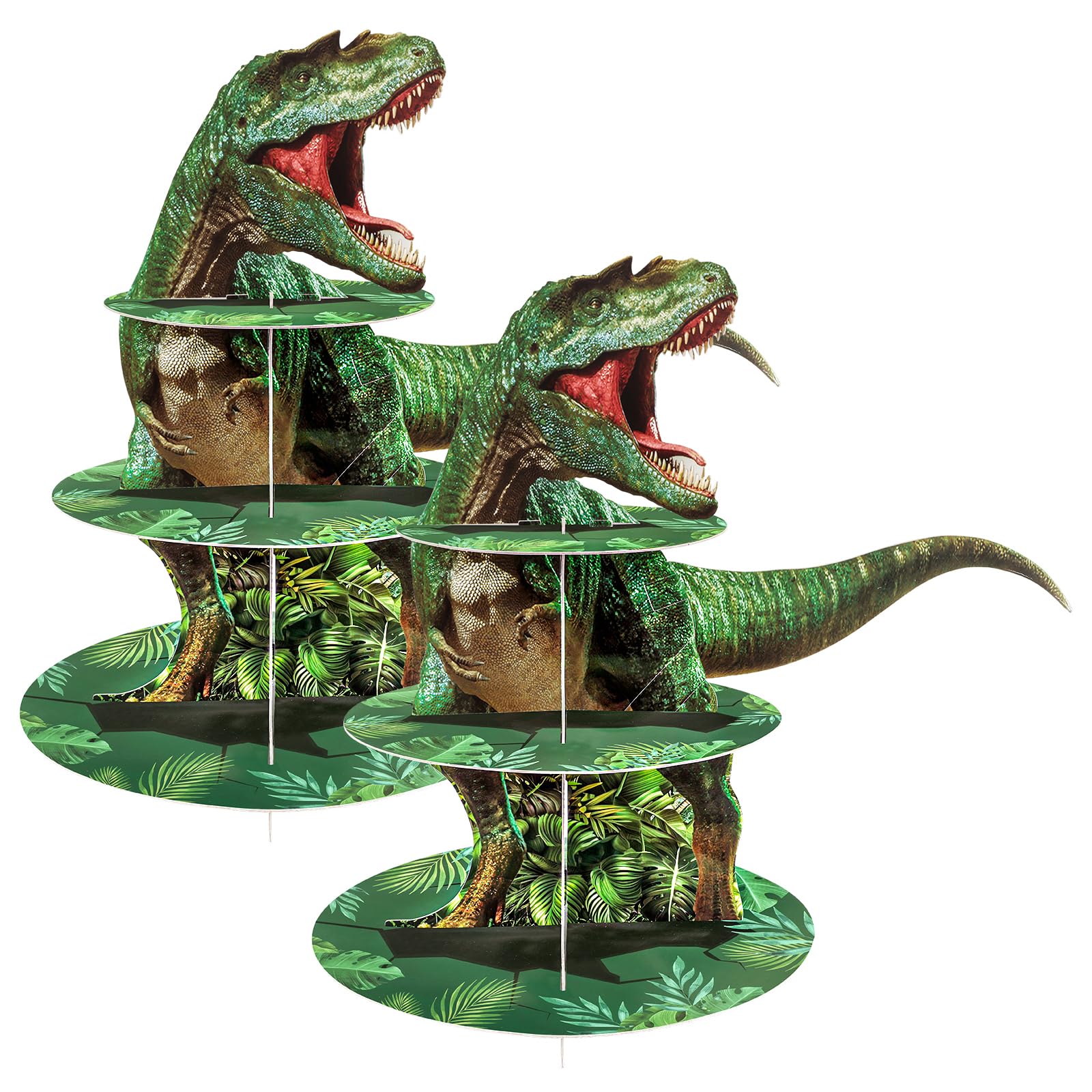 BACUTHY torres de cupcakes dinosaurio: vista frontal, diseño temático para fiestas divertidas.