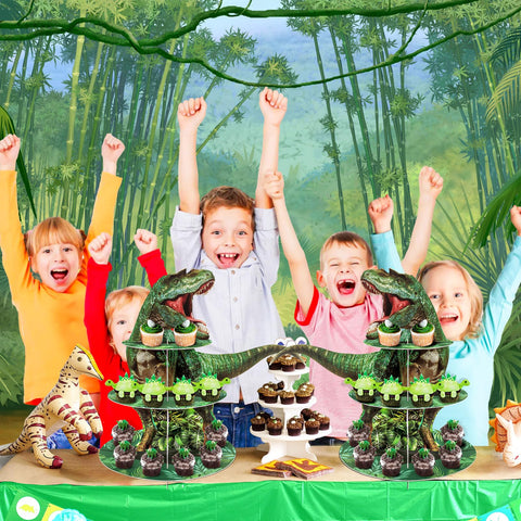 BACUTHY torres de cupcakes dinosaurio: conjunto de dos torres para grandes reuniones.
