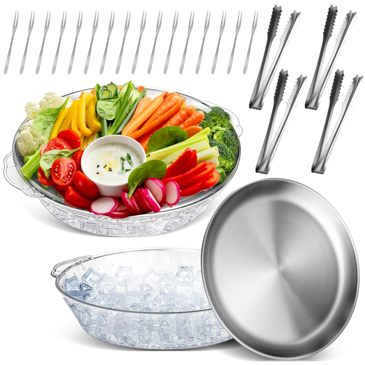 Baderke bandeja refrigerada con hielo por debajo, mantiene alimentos frescos durante la fiesta
