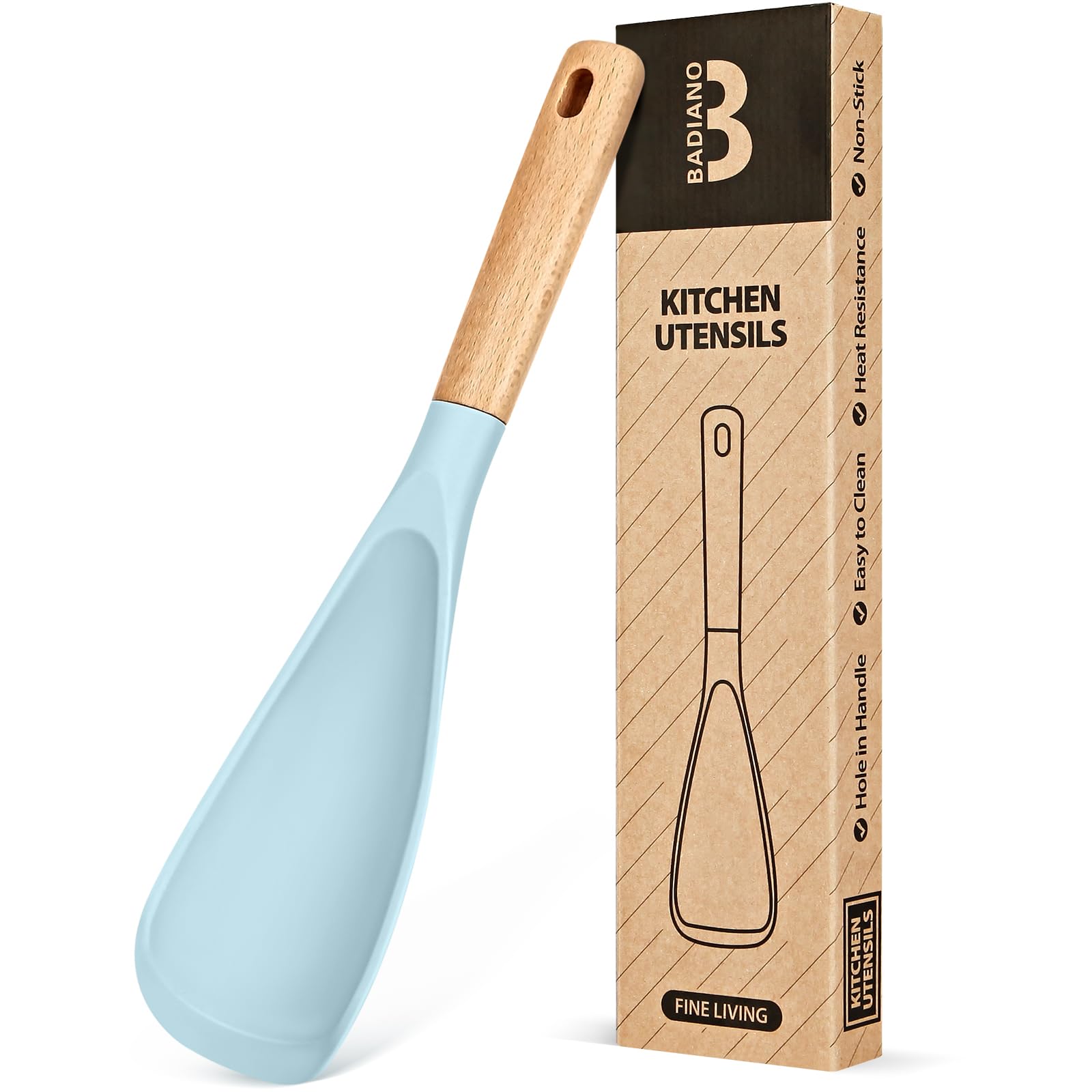 Badiano cuchara azul antiadherentes con mango de madera, ideal para mezclar.