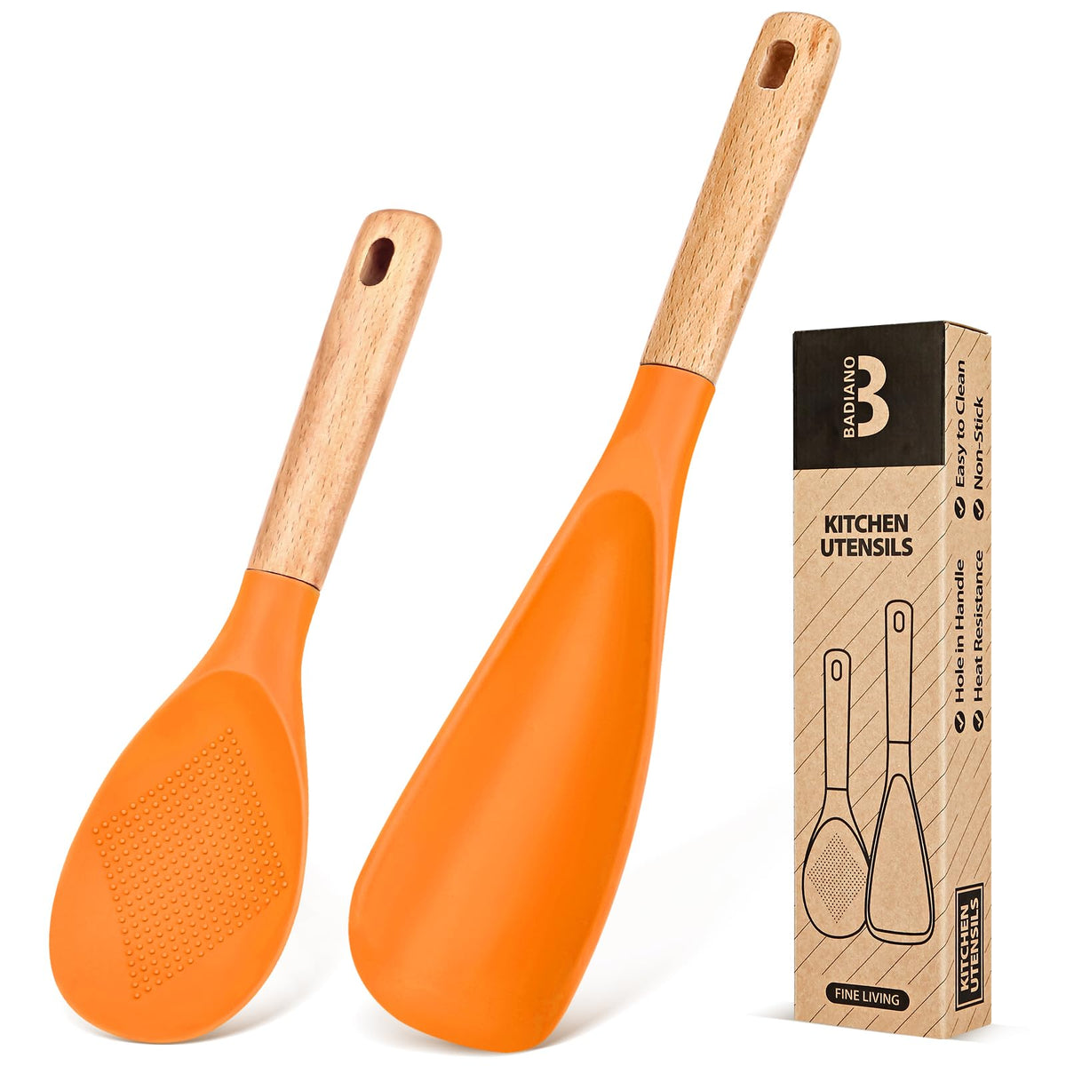 Badiano cuchara de silicona naranja, perfecta para cocinar sin rayar sartenes antiadherentes.