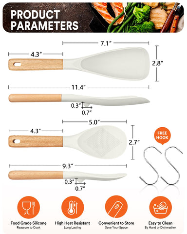 Badiano cucharón silicona blanca mango-madera ergonómico para un agarre cómodo.