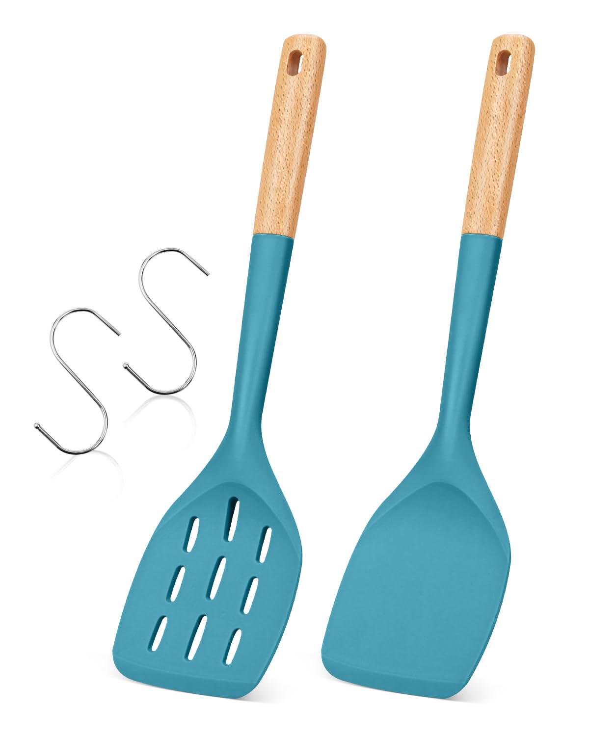 Badiano pack de 2 espátulas de silicona azules, ideal para cocinar sin rayar sartenes antiadherentes.