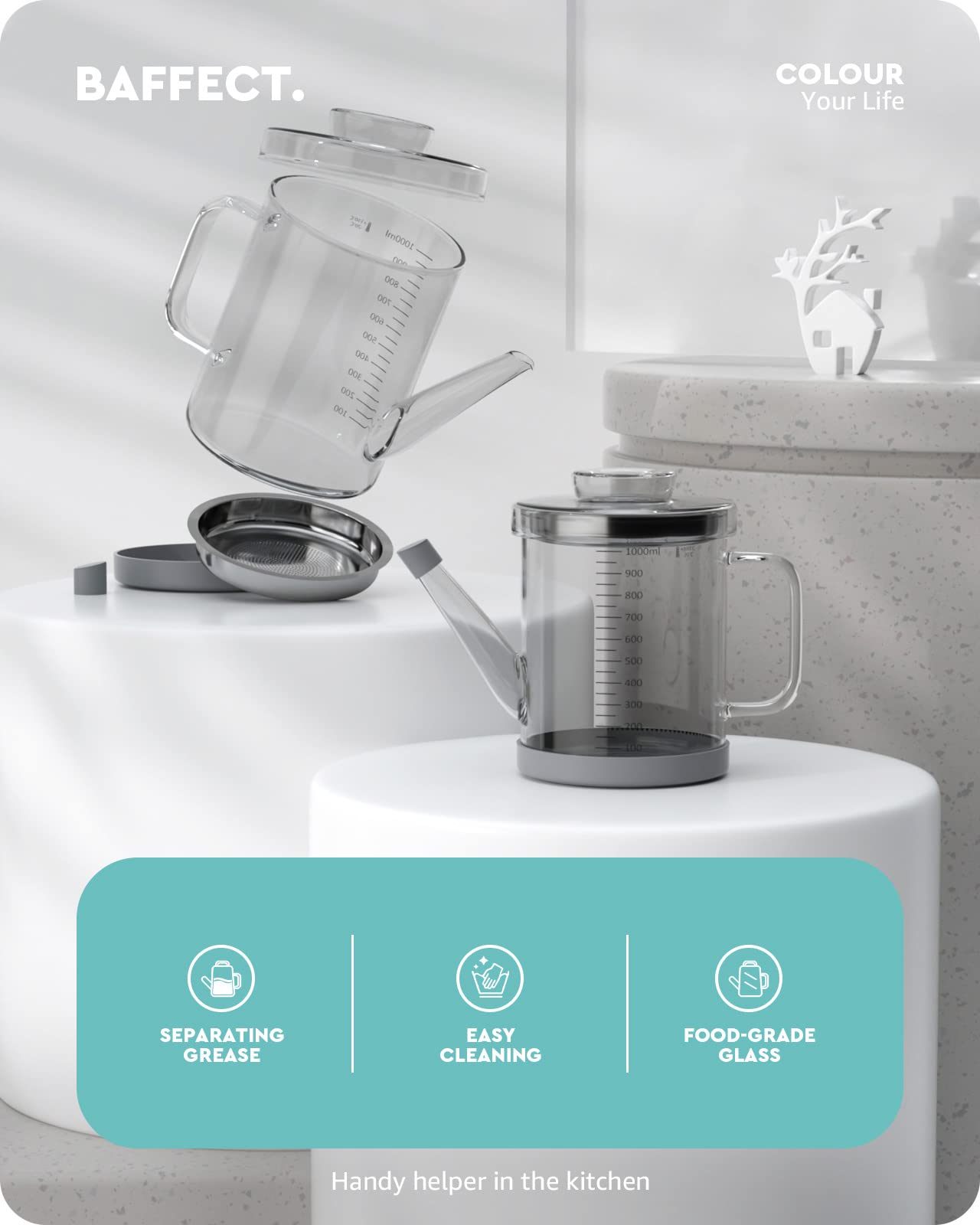 Baffect colador con malla removible para filtración rápida de impurezas.