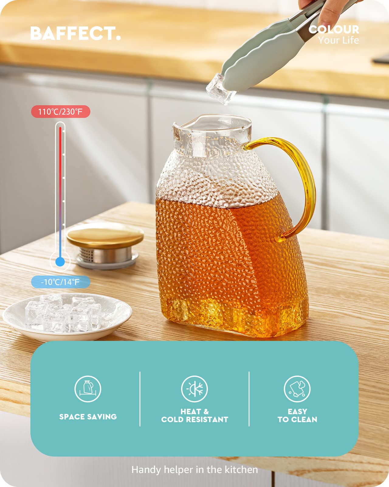 Jarra Baffect con filtro de dos aperturas para mantener pulpa o té al verter.