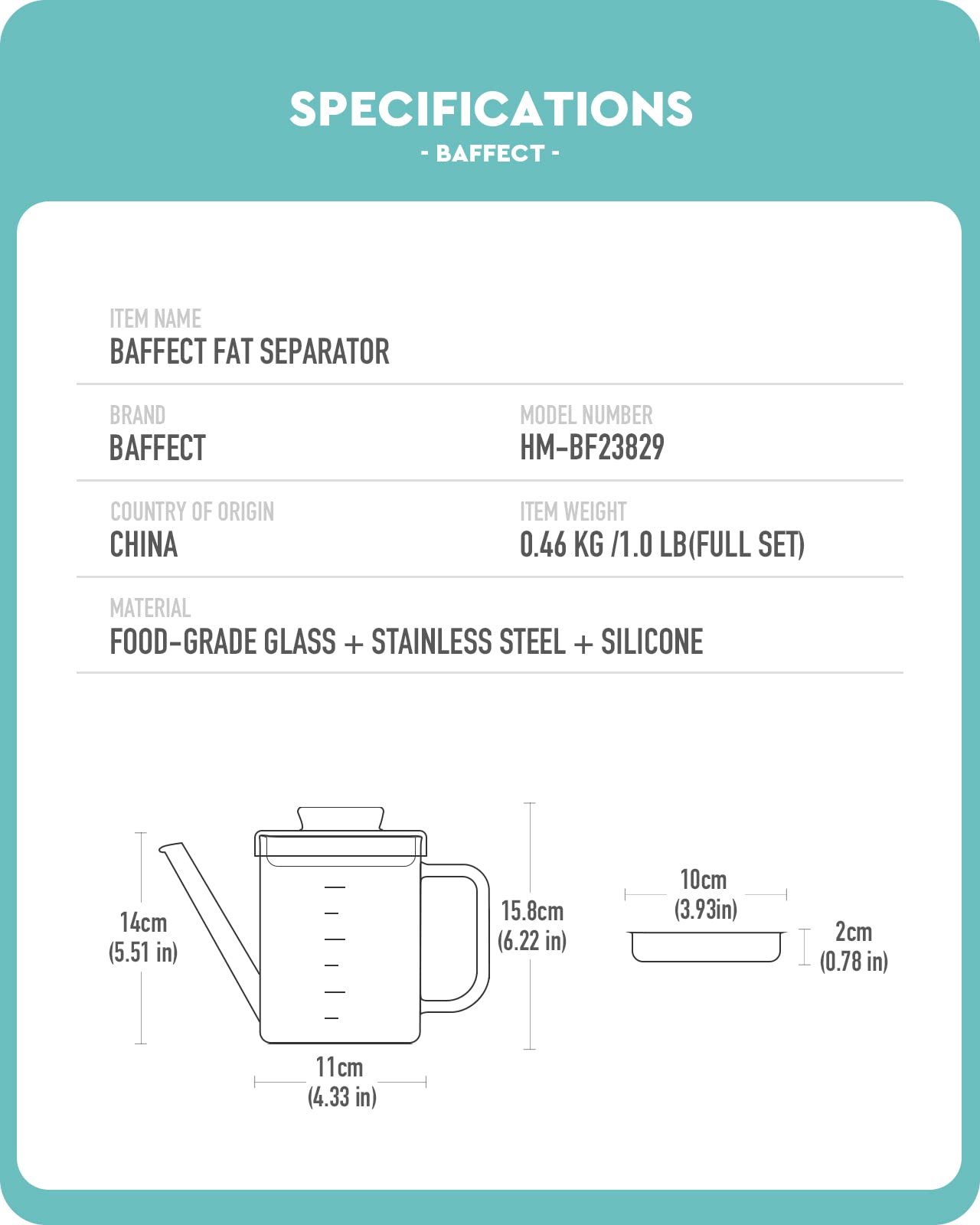 Baffect capacidad de 1 litro con mediciones claras para caldos y salsas.