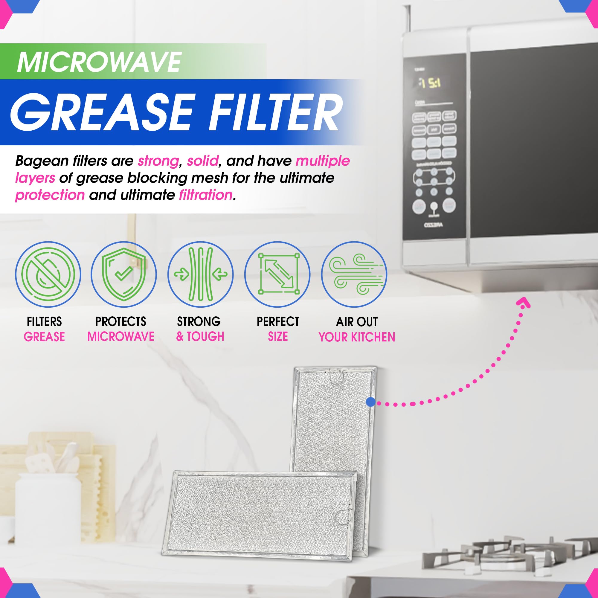 Filtro grasa malla aluminio de Bagean para mayor filtración y facilidad de limpieza.