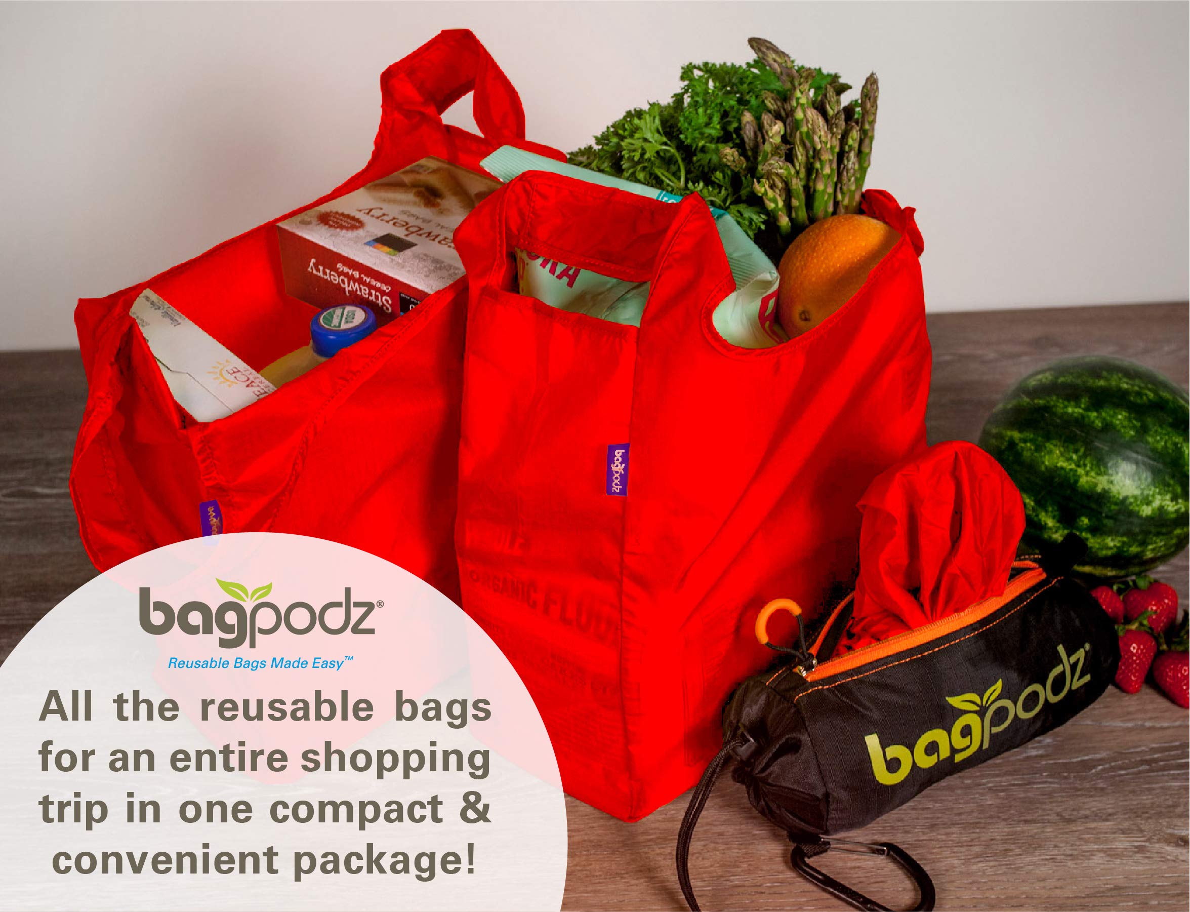 BagPodz capacidad de 50 libras por bolsa, ideal para compras pesadas.