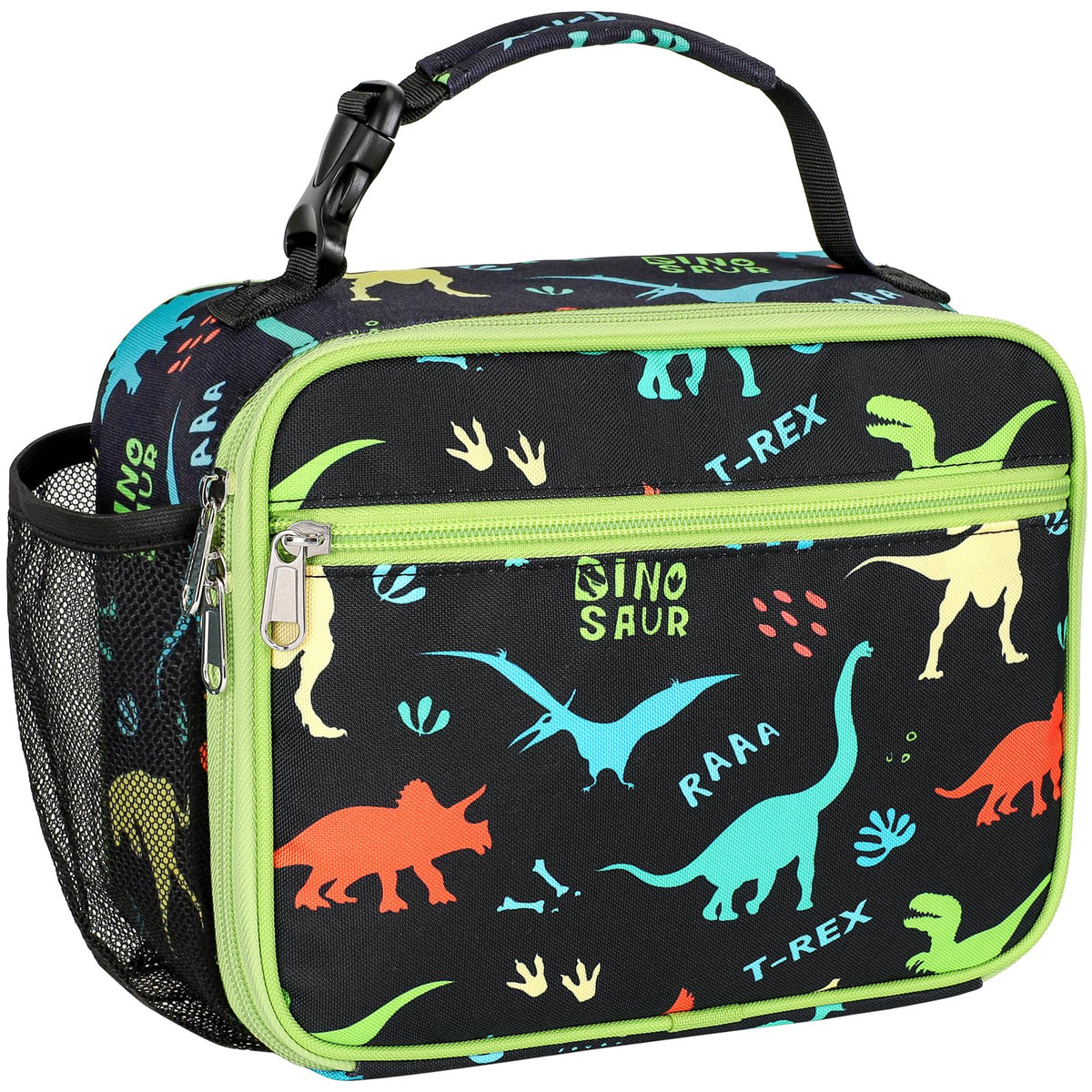 Bagseri bolsa almuerzo niños dinosaurio negro, vista frontal segura y atractiva para la hora de comer.