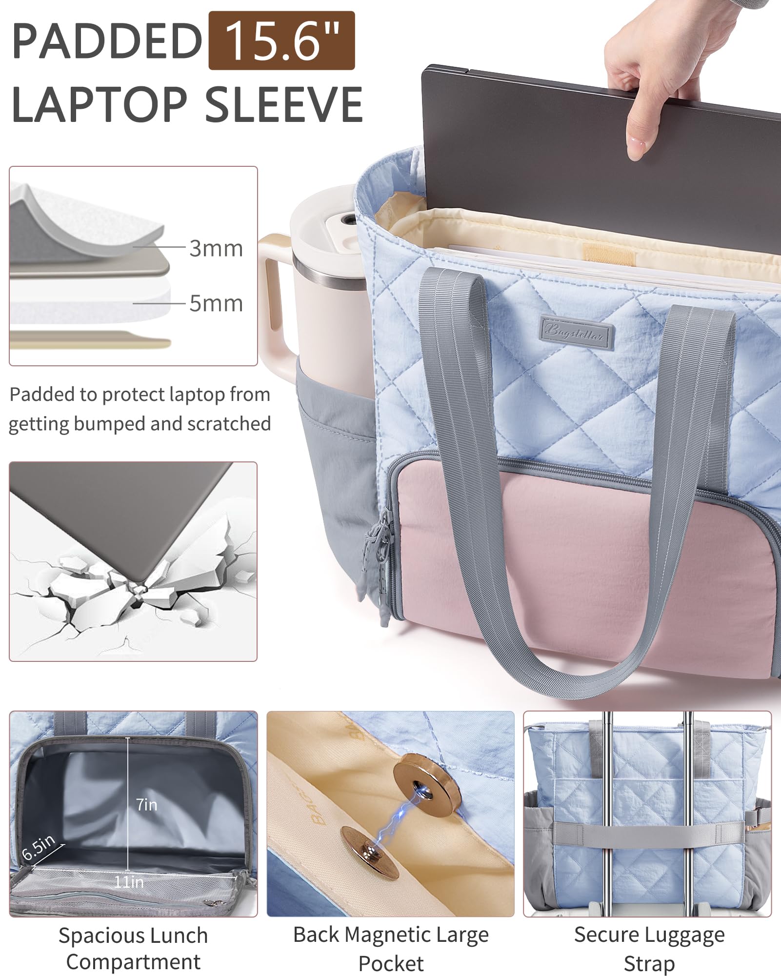 Bagstellar Puffer Lunch Tote, portabotellas lateral para bebidas grandes.