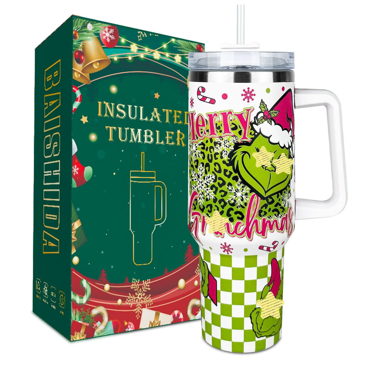 Baishida 40oz vaso térmico con tapa y pajilla para regalo navideño.