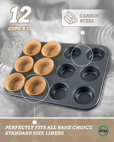 Bake Choice molde magdalenas de acero al carbono 12 cavidades, horneado parejo