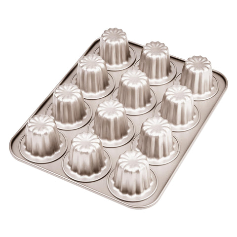Bakeley canelé molde 12 cavidades en Champagne Gold, ideal para postres elegantes.
