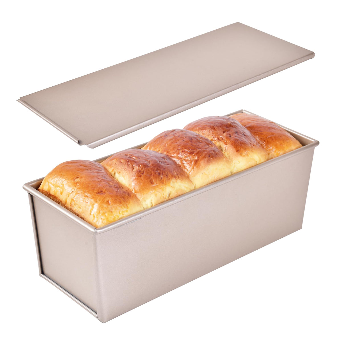 Bakeley Pullman Pan rectangular con tapa dorada ofrece cocción uniforme.