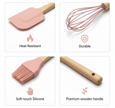 BakeNest espátula con mango de madera durazno-rosado, suave para mezclar sin rayar.