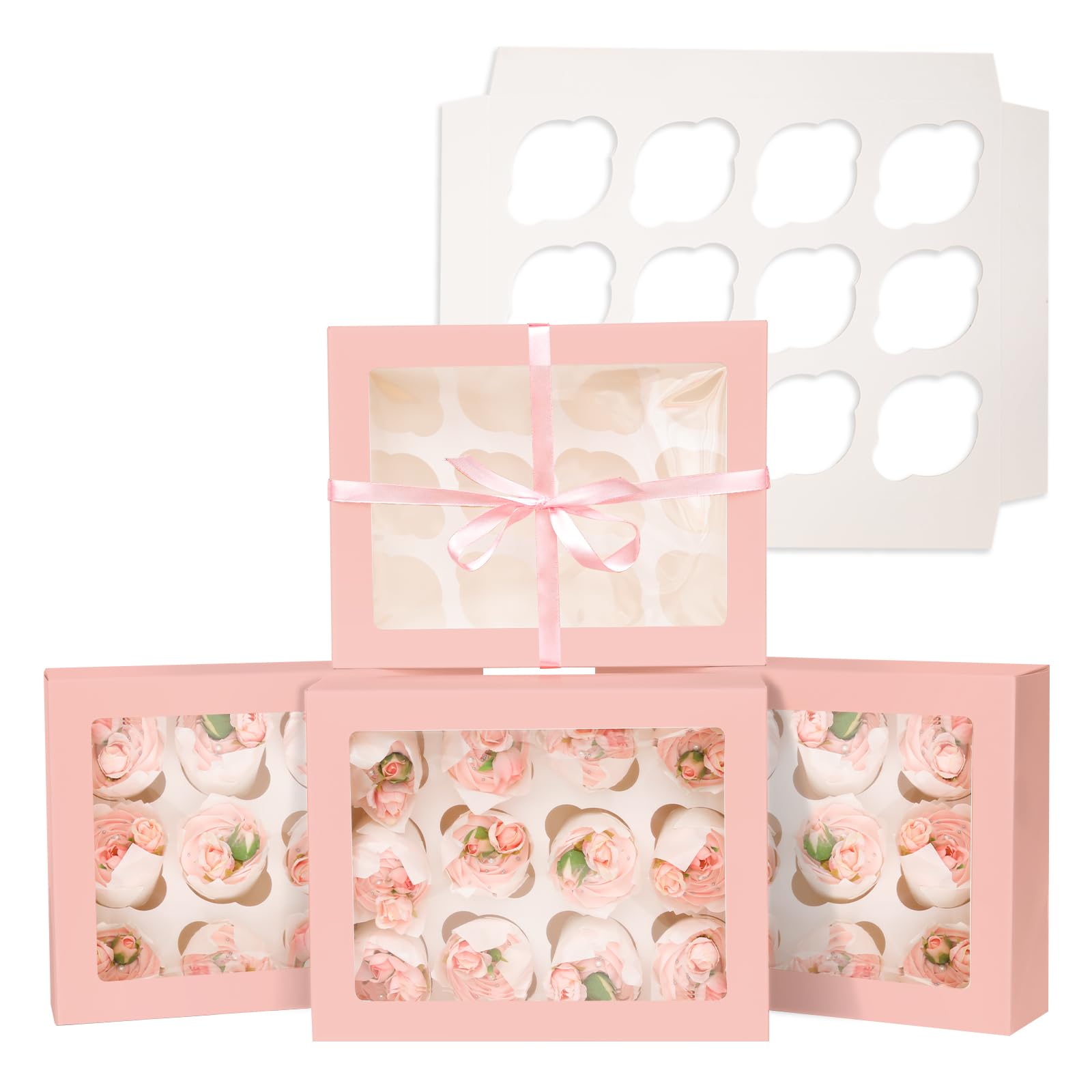 Bakepacker cajas cupcakes rosa con ventana para exhibir dulces.