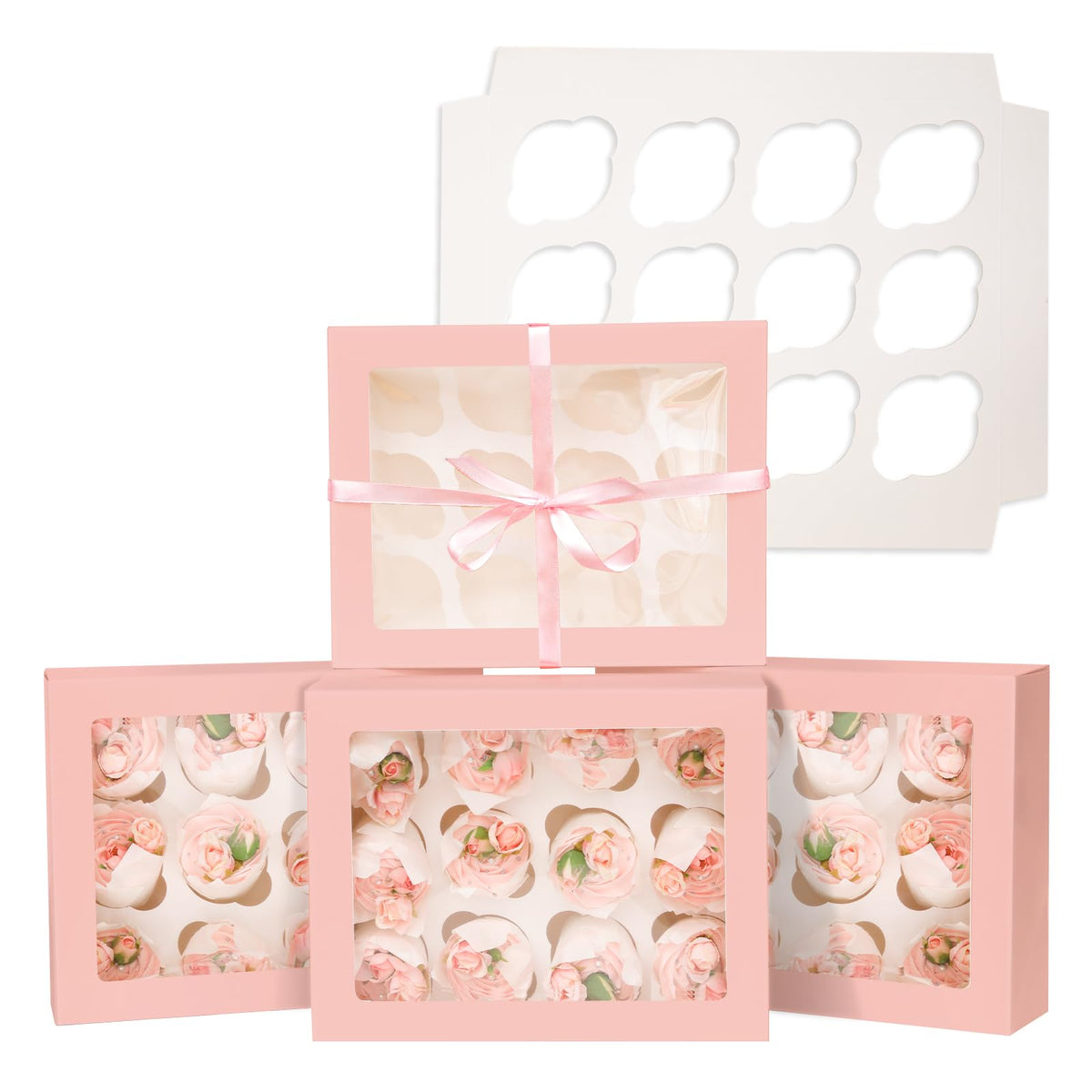 Bakepacker cajas cupcakes rosa con ventana para exhibir dulces.