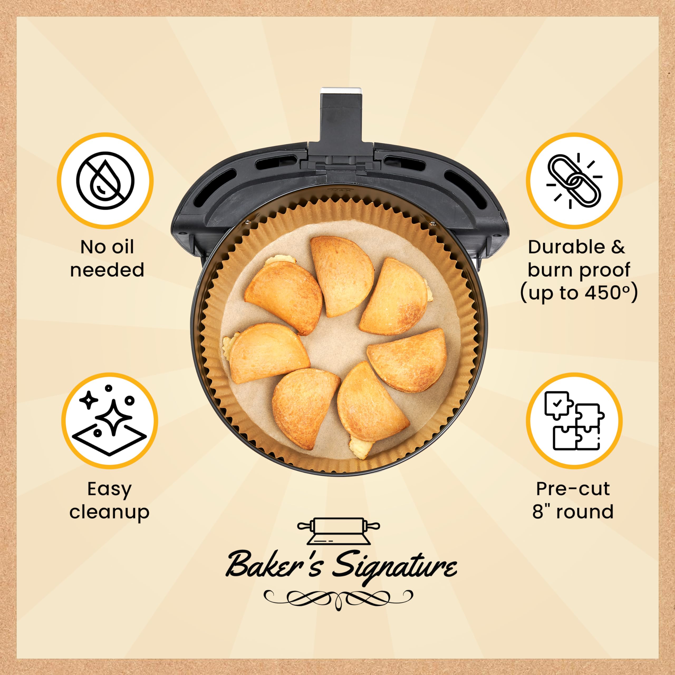 Baker's Signature: forros desechables para freidora de aire compatibles con Chefman; facilitan la limpieza.