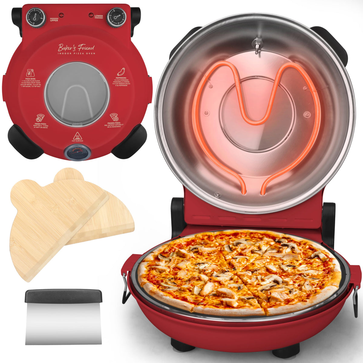 Baker's Friend, horno-pizza-eléctrico interior claro para pizzas caseras crujientes.