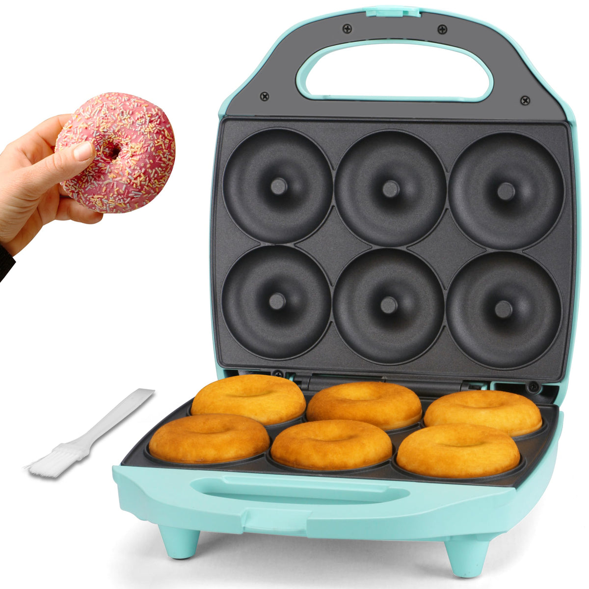 Baker's Friend Mini Donut Maker Aqua, vista frontal, compacto para cocinas pequeñas.