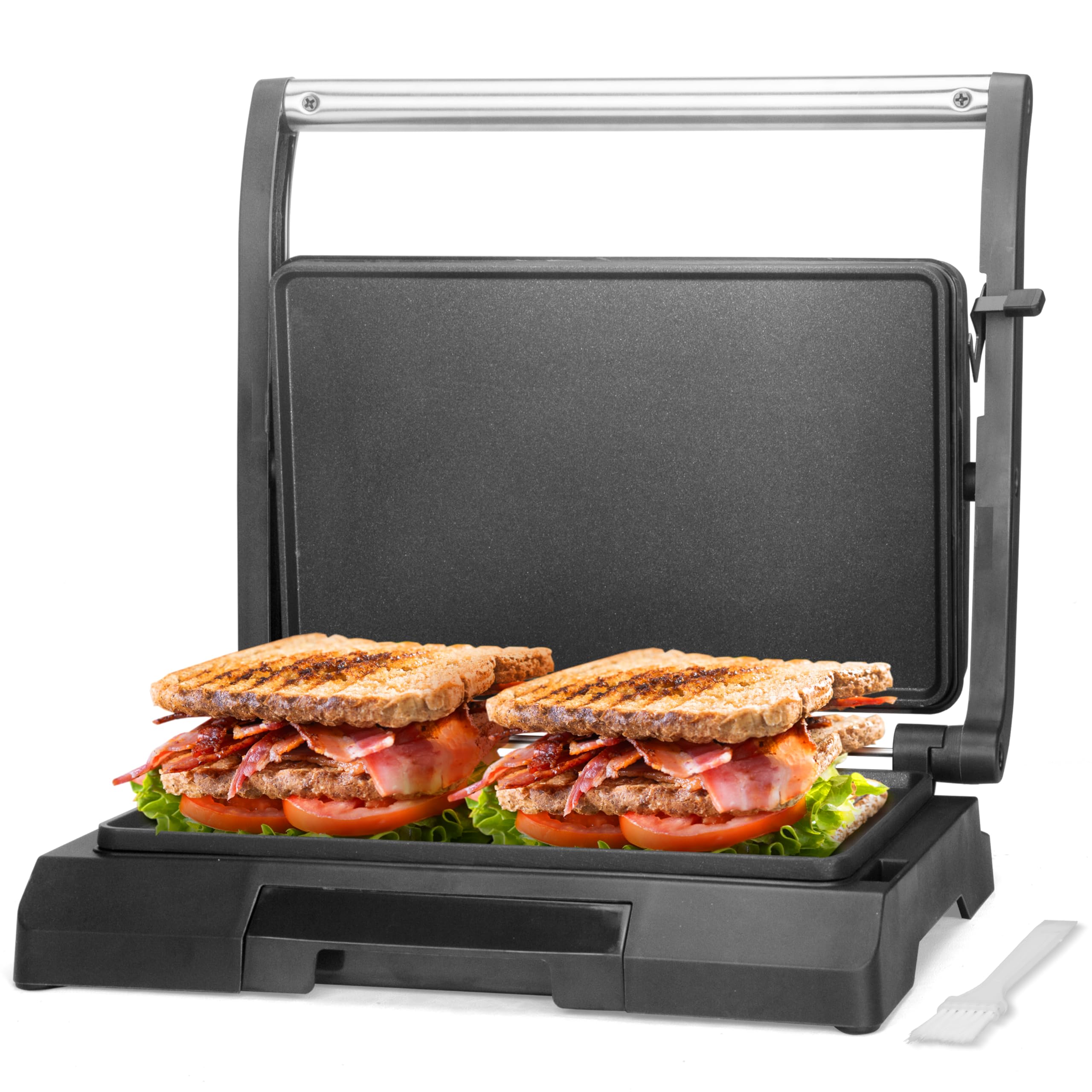 Baker's Friend Mini Panini Prensa vista frontal para sándwiches crujientes y rápidos.
