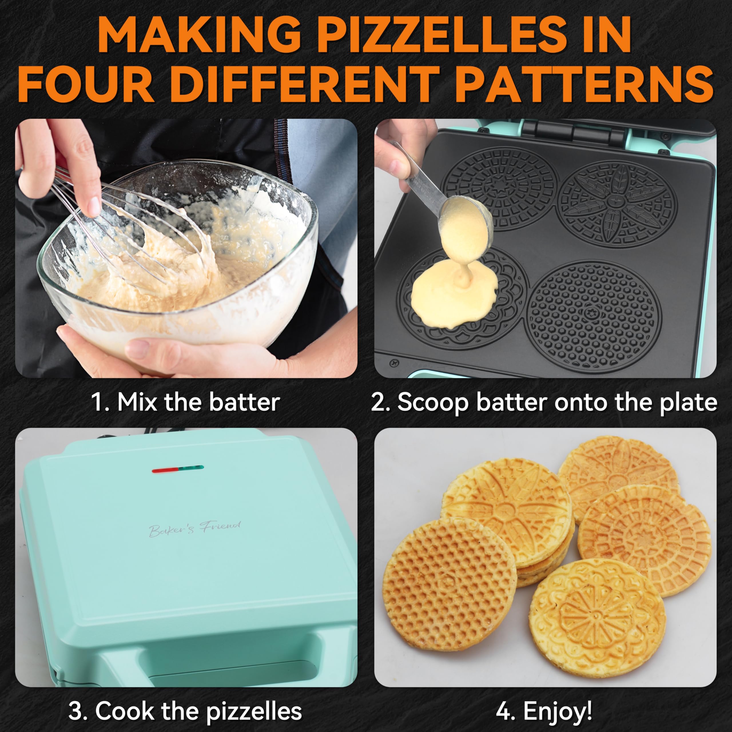 Baker's Friend pizzelle con superficie antiadherente facilita desmolde.