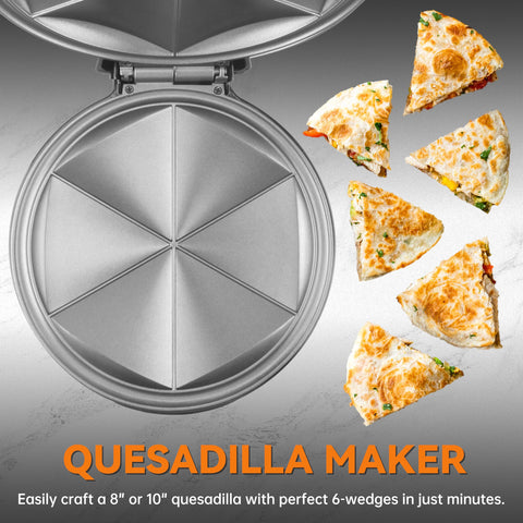 Baker's Friend prensa de quesadillas con seis cuñas para porciones uniformes.