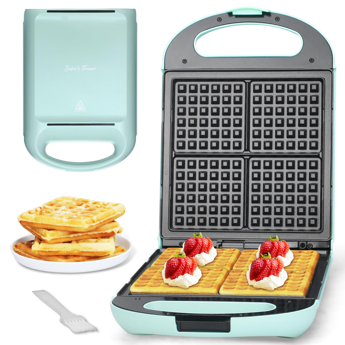 Waflera Bakers Friend cuadrada en azul para 4 porciones, ideal para desayunos.