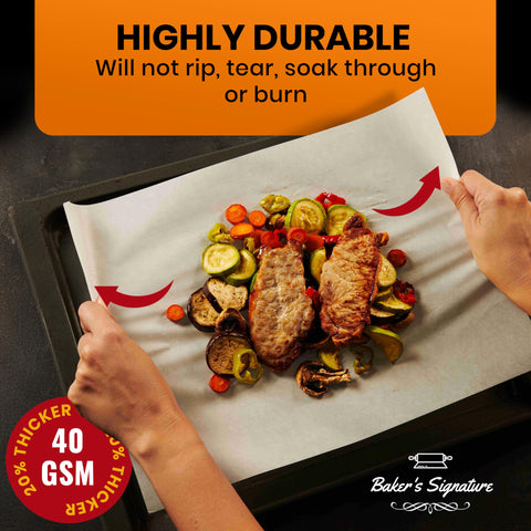 Baker's Signature: pergamino resistente a 450°F para calor intenso.